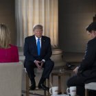 US President Donald Trump gestures as he speaks during a Fox News virtual town hall "America Together: Returning to Work," event, with anchors Bret Baier (R) and Martha MacCallum (L), from the Lincoln Memorial in Washington, DC on May 3, 2020. - Trump will answer questions submitted by viewers on Twitter, Facebook and Instagram. (Photo by JIM WATSON / AFP)