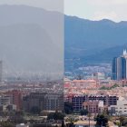 Combo de dos fotografías que refleja el nivel de contaminación ambiental en la ciudad de Murcia, la imagen de la izquierda fue tomada el pasado 29 de febrero y la de la derecha este jueves, cuadragésimo día de estado de alarma decretado por el gobierno para frenar la pandemia del CovID 19. EFE/Marcial Guillén