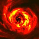 Este es el disco alrededor de la joven estrella AB Aurigae. Se puede ver el ‘giro" (en amarillo muy brillante) que marca el lugar donde se puede estar formando un planeta.