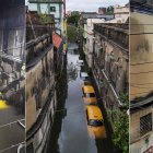 CALCUTA. La imagen muestra tres momentos de las incidencias del ciclón en una calle de esta capital asiática.