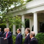 US President Donald Trump holds a press conference on China on May 29, 2020, in the Rose Garden of the White House in Washington, DC. With Trump are (L-R) Director of Trade and Manufacturing Policy Peter Navarro, National Security Advisor Robert O"Brien, US Secretary of State Mike Pompeo, US Secretary of the Treasury Steven Mnuchin, Trade Representative Robert Lighthizer, and Director of the National Economic Council Larry Kudlow. Trump said Friday that the US will restrict Chinese students and start reversing Hong Kong"s special status in customs and other areas as Beijing imposes a controversial security law. / AFP / MANDEL NGAN

 US-China-diplomacy-HEALTH-VIRUS-HongKong-TRUMP