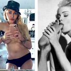 Madonna a los 61 años contrapuesta a una foto de 1990.