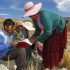 Raymunda Charca (R) helps her children (L-R) Juan Carlos, 13, Alvaro, 10, and Roxana Cabrera, 16, on top of a hill where they can pick up signal on their mobile phones to receive virtual classes during the COVID-19 novel coronavirus pandemic, near their house in the remote highland community of Conaviri, district of Manazo, in the Peruvian Andes close to Lake Titicaca and the border with Bolivia, early July 24, 2020. - As schools remain closed due to the pandemic, the Cabrera children participate in the "Learn at Home" educational platform which was implemented by the Peruvian Ministry of Education. (Photo by Carlos MAMANI / AFP)