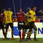 Cristian Colmán (9) festeja el gol que le dio la victoria a Barcelona en el primer Clásico del Astillero del 2020.