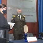 La ministra de Gobierno María Paula Romo y el comandante de Policía Patricio Carrillo, durante la exposición de anomalías en el Isspol.