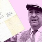 Un retrato del poeta chileno Pablo Neruda y una versión inédita de un soneto escrito por él a máquina de escribir.