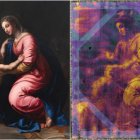 La Virgen y el Niño de Rafael con la inspección con el escáner de rayos X robótico.