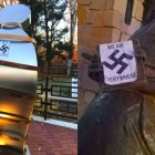 Estos "stickers" con la esvástica fueron puestos en un monumento a Ana Frank.