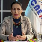 El la imagen un registro de la presidenta del Consejo Nacional Electoral (CNE) de Ecuador, Diana Atamaint, durante una entrevista.