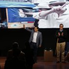 El binomio Arauz y Rabascall luego de recibir los resultados electorales, en el Hotel Mercurie de Quito.