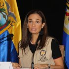 La jefa de la misión de observación electoral de la OEA para las elecciones en Ecuador, la exvicepresidenta panameña Isabel Saint Malo, habla en rueda de prensa hoy, en Quito.
