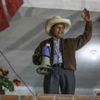 El candidato presidencial, Pedro Castillo, mientras se dirigía a sus simpatizantes el 6 de junio.