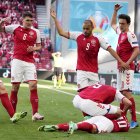 Los jugadores de Dinamarca piden que los médicos entren en el terreno de juego después de que su compañero de equipo Christian Eriksen se desplomara durante el partido de fútbol.