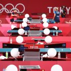 Jugadores de tenis de mesa surcoreanos practican en el gimnasio Tokyo Metropolitan de Tokio, Japón, hoy 20 de Julio, para prepararse para los Juegos Olímpicos.