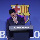 El delantero argentino Lionel Messi, durante su comparecencia este domingo en el Camp Nou para explicar su versión sobre su marcha del conjunto azulgrana.