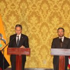 El secretario Blinken con el canciller Montalvo durante la rueda de prensa en el salón Amarillo del palacio de Carondelet.