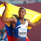 Álex Quiñónez consiguió en 2019 en el Mundial de Atletismo luego de la final masculina de los 200 metros planos en Doha, Qatar.