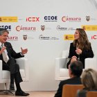 El presidente de Ecuador, Guillermo Lasso, junto a la secretaria de Estado de Comercio, Xiana Méndez, participan en el encuentro Empresarial España-Ecuador que se celebra en la Cámara de Comercio, en Madrid.