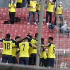 Los jugadores de Ecuador festejan el único gol del partido ante Venezuela.