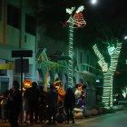 La calle. Postes y árboles, incluidos sus troncos y ramas, están llenos de luces.