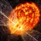 Ilustración de dos estrellas interactuando en una misma atmósfera.