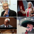 EFE
Fuente:
EFE
Autor:
Mario Guzmán
Temática:
Arte, cultura y espectáculos
Combo de cuatro fotografías de archivo que muestran al pintor mexicano de origen español Vicente Rojo (i,a), a la actriz mexicana Isela Vega (d,a), al compositor mexicano Armando Manzanero (i,abajo) y al cantante mexicano Vicente Fernández (d,abajo).