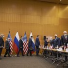 Russian deputy foreign minister Sergei Ryabkov, right, and his delegation arrive for security talks with US Deputy Secretary of State Wendy Sherman (not pictured) at the United States Mission in Geneva, Switzerland, 10 January 2022. (Rusia, Suiza, Estados Unidos, Ginebra) EFE/EPA/DENIS BALIBOUSE / POOL