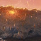 Reconstrucción artística de la ola entrando en el río Tanis, arrastrando peces y todo lo que encuentra a su paso (dinosaurios, árboles) mientras llueven del cielo esférulas de impacto.