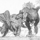 Representación de un Tyrannosaurus imperator que ataca a una manada del contemporáneo Triceratops horridus.