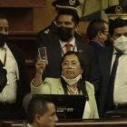 Levantando el vaso, como quien levanta una copa para brindar en una fiesta. Solo que esta no era una reunión de amigos, sino un pleno de la Asamblea abruptamente suspendido el pasado martes. La presidenta Guadalupe Llori saludó con su vaso a la bancada de UNES.
