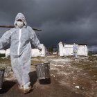Trabajadores de cuarentena en un lugar tras un brote de la gripe aviar, en una foto de archivo