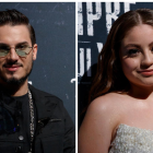 Pipe Bueno (i) y a la actriz y cantante mexicana Karol Sevilla, durante una alfombra roja