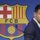 El delantero argentino Lionel Messi, durante su comparecencia en el Camp Nou para explicar su versión sobre su marcha del conjunto azulgrana