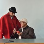 Evento. Leonidas Iza y Gary Espinosa en rueda de prensa hoy en Quito.