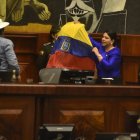 La ahora exconsejera Ibeth Estupiñán ingresó al hemiciclo de la Asamblea ondeando una bandera del país.