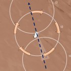 Esta figura muestra el tamaño relativo del remolino de polvo con respecto al vehículo Perseverance. El diámetro del remolino de polvo (círculos blancos), determinado a partir de datos y modelos combinados, es de 25 metros.