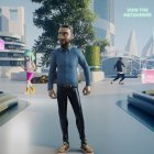 Illustration of Avatar of person in the virtual city of metaverse, with the selection menu and other people around him, he takes off his vr head set and appears in the real room and looks at the