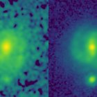 Imágenes de la galaxia EGS23205. A la izquierda la tomada por el telescopio Hubble y a la derecha la del James Webb, en la que se ve que es una galaxia espiral con una clara barra estelar.