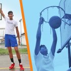 La estatura de 2,05 m de Paulo sobrepasa los 2,14 con la mano alzada. Fácil llega al aro de baloncesto.