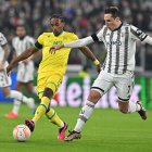 Juventus" Federico Chiesa (R) and Nantes" Samuel Moutoussamy in action during the UEFA Europa League play-off, first leg soccer match between Juventus FC and FC Nantes at the Allianz Stadium in Turin, Italy, 16 February 2023. (Italia) EFE/EPA/Alessandro Di Marco
