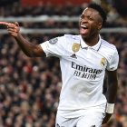 Vinicius Junior of Real Madrid celebrates after scoring his second goal during the UEFA Champions League, Round of 16, 1st leg match between Liverpool FC and Real Madrid in Liverpool, Britain, 21 February 2023. (Liga de Campeones, Reino Unido) EFE/EPA/Peter Powell