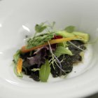 Imagen de archivo de una ensalada realizada sobre una base de trufa laminada.