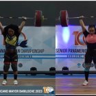 Neisi Dajomes y Tamara Salazar levantando sus respectivos pesos para conseguir las preseas.