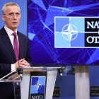 l secretario general de la OTAN, Jens Stoltenberg, ofrece una conferencia de prensa después de una reunión de Ministros de Relaciones Exteriores en la sede de la Organización del Tratado del Atlántico Norte en Bruselas, Bélgica, el 5 de abril de 2023.