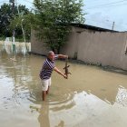 . Un hombre muestra el animal que estaba nadando en inmediaciones de su vivienda