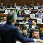 Guillermo Lasso en su comparecencia frente a los asambleístas.