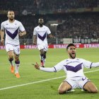 Basel (Switzerland Schweiz Suisse), 18/05/2023.- Fiorentina"s Nicolas Gonzalez celebrates after his second goal during the UEFA Conference League semifinal second leg match between Switzerland"s FC Basel 1893 and Italy"s ACF Fiorentina at the St. Jakob-Park stadium in Basel, Switzerland,18 May 2023. (Italia, Suiza, Basilea) EFE/EPA/ENNIO LEANZA