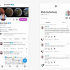 Composición de dos capturas de las cuantas de Elon Musk en Twitter y la de Mark Zuckerberg en Threads.