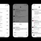 Composición de tres fotografías divulgadas por Meta donde se muestran tres pantallas de cómo buscar una persona, un tema o una publicación desde la cuenta de una persona en Threads, la nueva red social de microblogging de Meta.