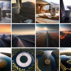 Imagen cedida por Meta (empresa matriz de Facebook) donde se muestra un set de imágenes de una taza de café humeante con montañas al fondo, un hermoso y majestuoso camino durante la puesta de sol, y una pequeña isla circular en medio de un lago rodeada de árboles generadas de texto a imagen con el modelo CM3leon.